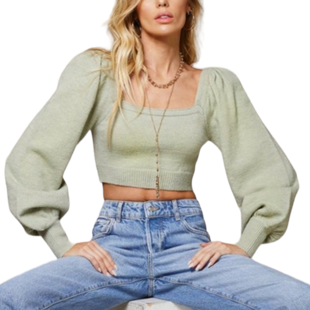 Amber Fitted Cropped Sage Square Neck Puffy Sleeve Sweater - Large - EUC
